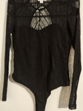 Black Lace Long-Sleeve Bodysuit with Keyhole Detail